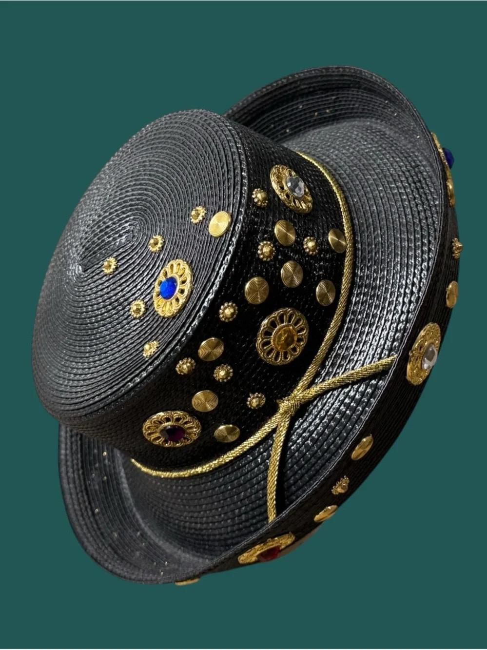 Vintage black Embellished Straw Wide-Brim Hat with Gold Accents